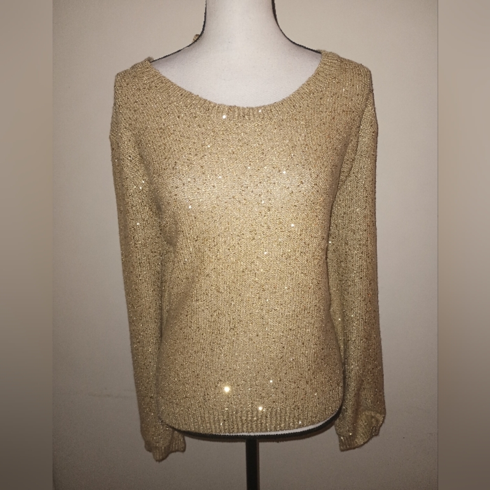 a.n.a Sequin Embezzled Shimmering Gold Crew Neck Sweater SZXL - Picture 1 of 5